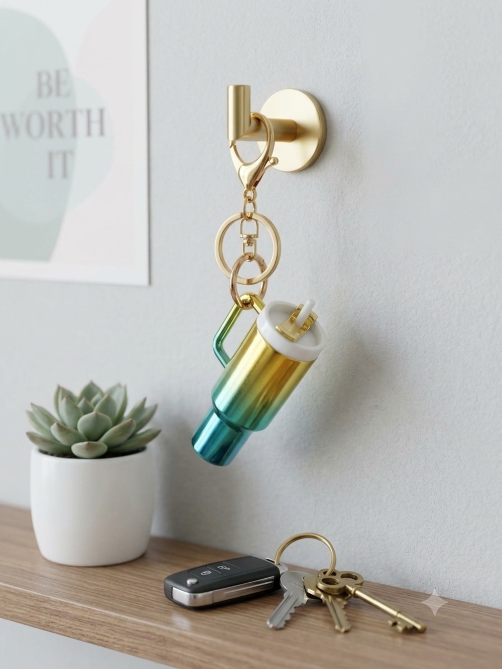 Gold & Teal Gradient Chapstick Holder Keychain